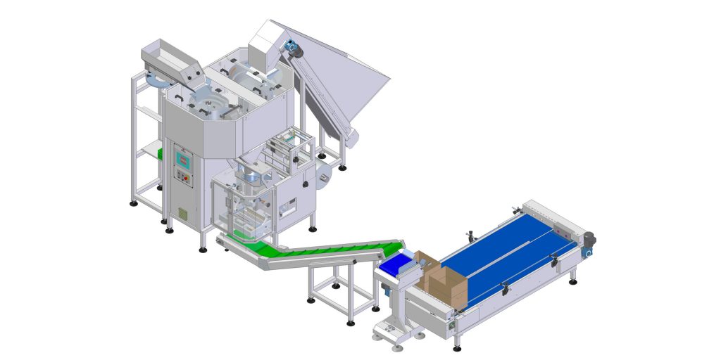 Automatic packaging line with two counting modules installed above the bagging machine