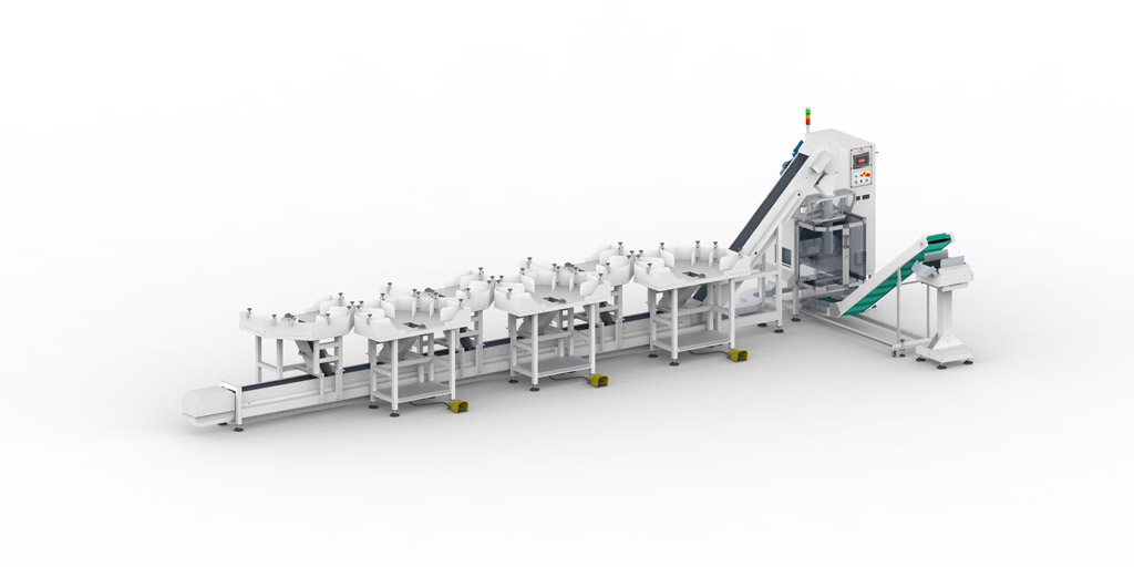 Semi-automatic packaging machine with manual loading table mounted on buckets conveyor