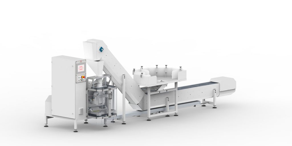 Semi-automatic packaging machine with manual loading table mounted on buckets conveyor