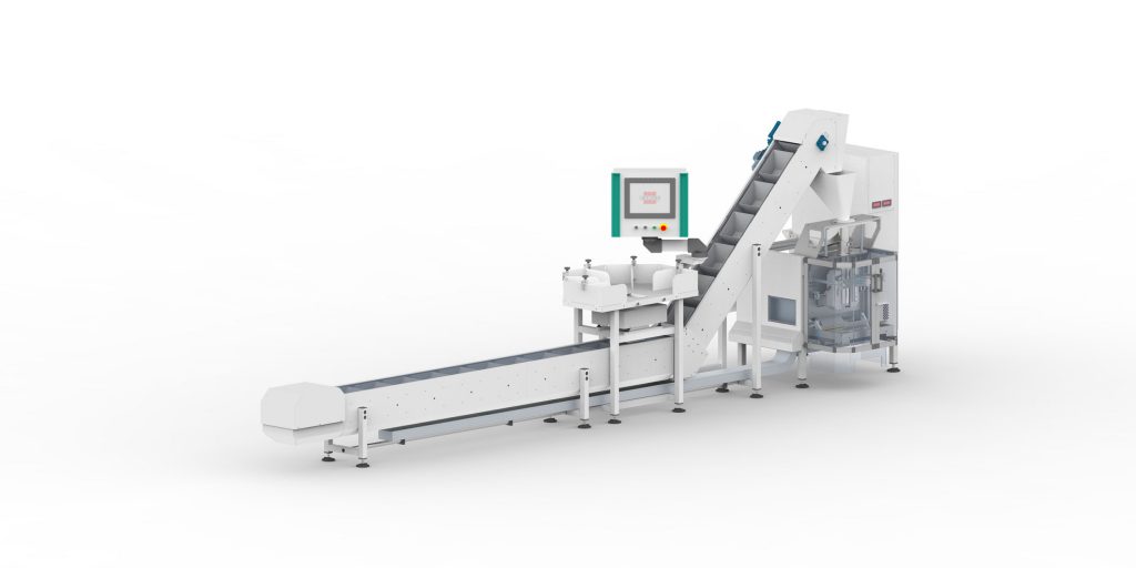 Semi-automatic packaging machine with manual loading table complete with weight control mounted on buckets conveyor